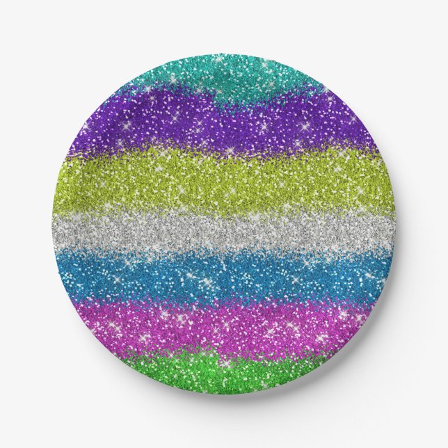 Regenbogen-Glitzer-Streifen Pappteller (Vorderseite)