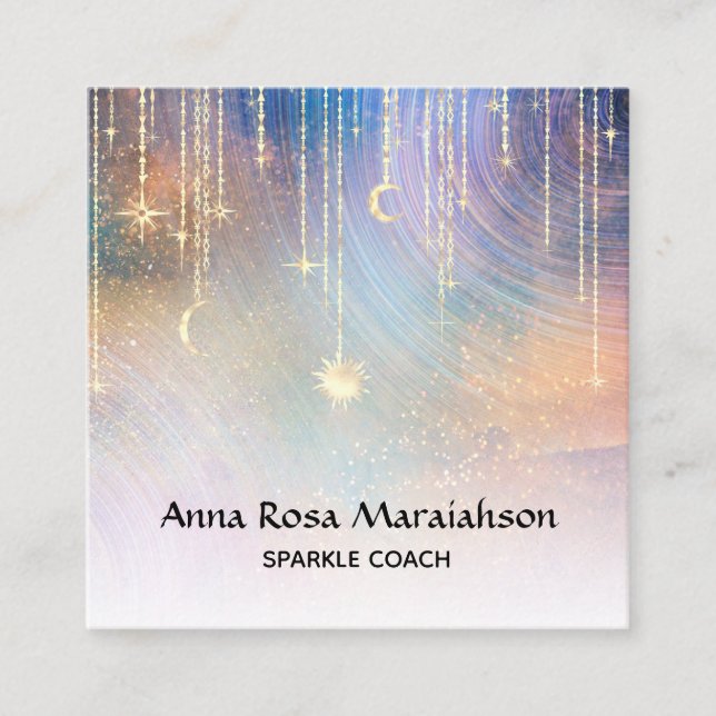 *~* Regenbogen Gold Sparkle Moon Sun Celestis Quadratische Visitenkarte (Vorderseite)