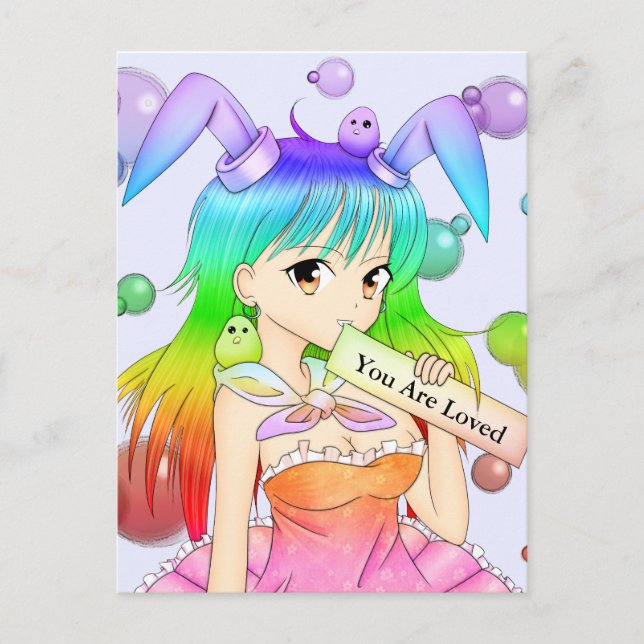 Regenbogen-Häschenanime-Mädchen Postkarte (Vorderseite)