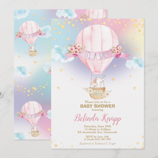 Regenbogen-Heißluft-Ballon-Baby-Duschen-Elefant Einladung (Vorne/Hinten)