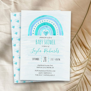 Regenbogen-Herz-Aquarell-Wash Blau-Baby-Party Einladung