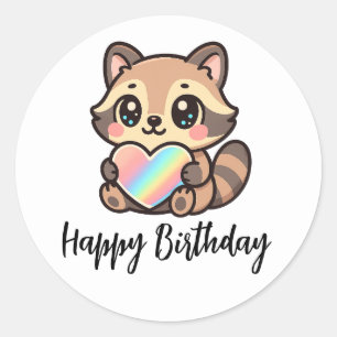 Regenbogen-Herz Glückliches Kawaii-Waschbär Alles Runder Aufkleber