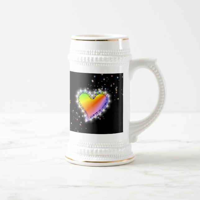 Regenbogen-Herz mit Sternchen auf schwarz Bierglas (Rechts)