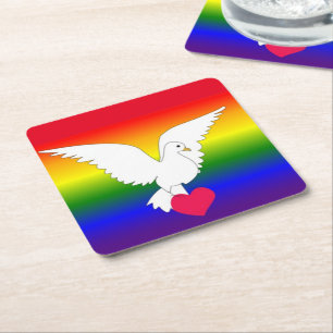 REGENBOGEN-HERZ-TAUBE RECHTECKIGER PAPPUNTERSETZER
