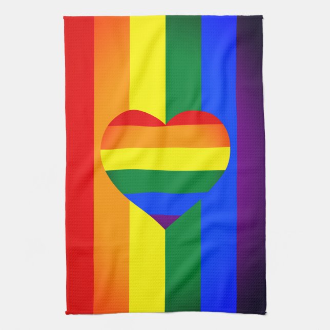 Regenbogen-Herz-und-Regenbogenflagge /LGBT-Gemeins Geschirrtuch (Vertikal)