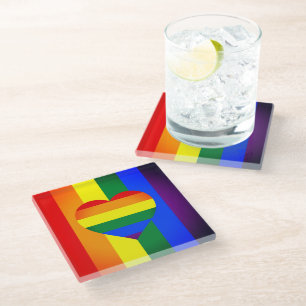 Regenbogen-Herz-und-Regenbogenflagge /LGBT-Gemeins Glasuntersetzer