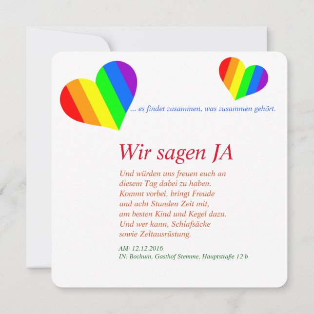 Regenbogen Herzen Einladung (Rückseite)