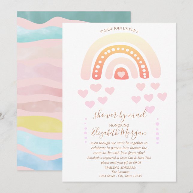Regenbogen, Herzen, virtuelle Babydusche abziehen  Einladung (Vorne/Hinten)