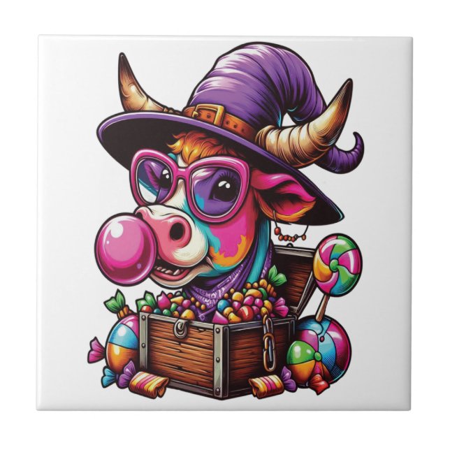 Regenbogen Highland Kuh Halloween Fliese (Vorderseite)