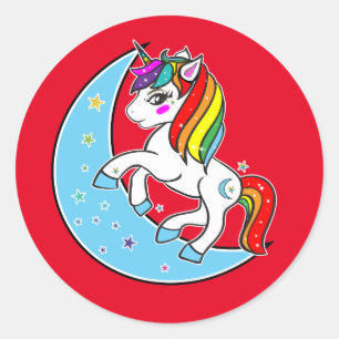 Regenbogen Himmelsblauer Mond & Sterne Einhorn Runder Aufkleber