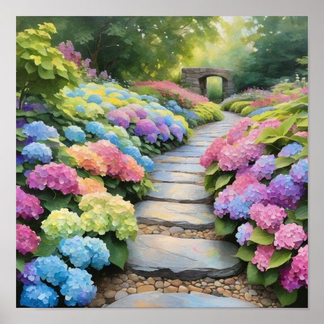 Regenbogen-Hortensien-Gartenweg Poster (Vorne)