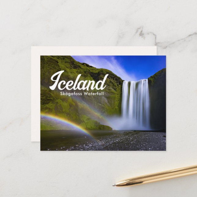 Regenbogen im Skógafoss Wasserfall Island Postkart Postkarte (Vorderseite/Rückseite Beispiel)