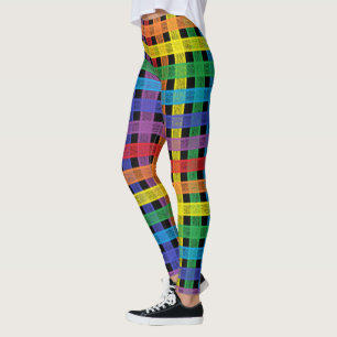 Regenbogen-kariertes Schwarzes Leggings