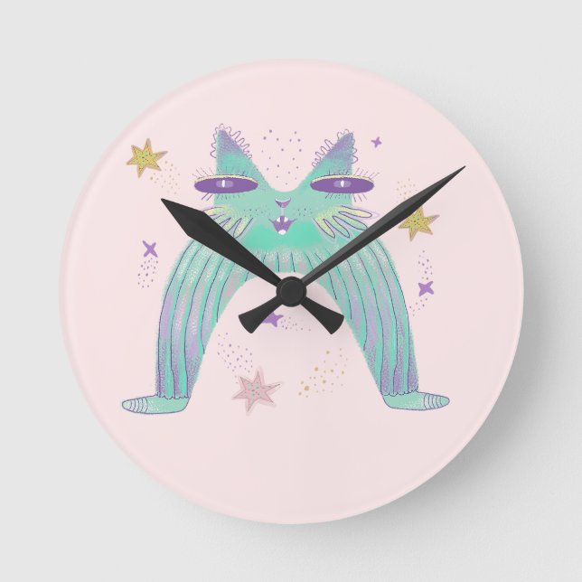 Regenbogen-Katz-Kunst  Runde Wanduhr (Vorderseite)
