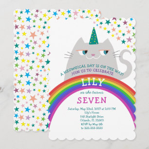 Regenbogen-Katze-Einhorn-Mädchen 7. Geburtstag Einladung