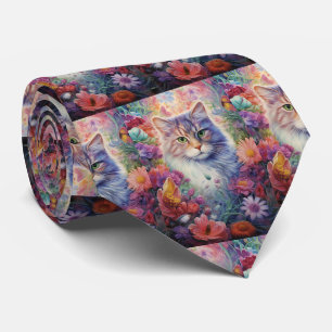 Regenbogen Katzen Blumen Boho Krawatte