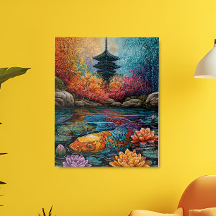 Regenbogen-Koi-Fisch Japanischer Pagoden-Garten Poster