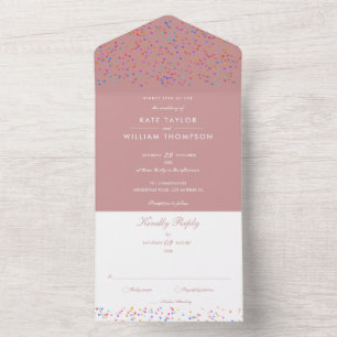 Regenbogen-Konfetti Dusty Rose Monogramm-Hochzeit All In One Einladung