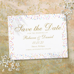 Regenbogen Konfetti Gold Schrift Save the Date Ankündigungspostkarte