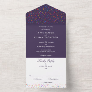 Regenbogen Konfetti Lila Monogramm Hochzeit All In One Einladung