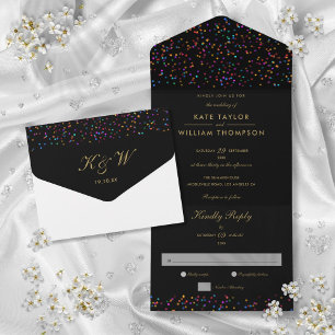 Regenbogen-Konfetti-Schwarz-und-Gold-Monogramm-Hoc All In One Einladung