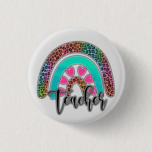 Regenbogen-Lehrerin - farbenfrohe Leopard-Printwer Button (Vorderseite)