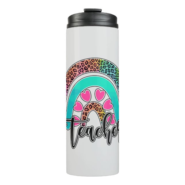 Regenbogen-Lehrerin - farbenfrohe Leopard-Printwer Thermosbecher (Vorderseite)
