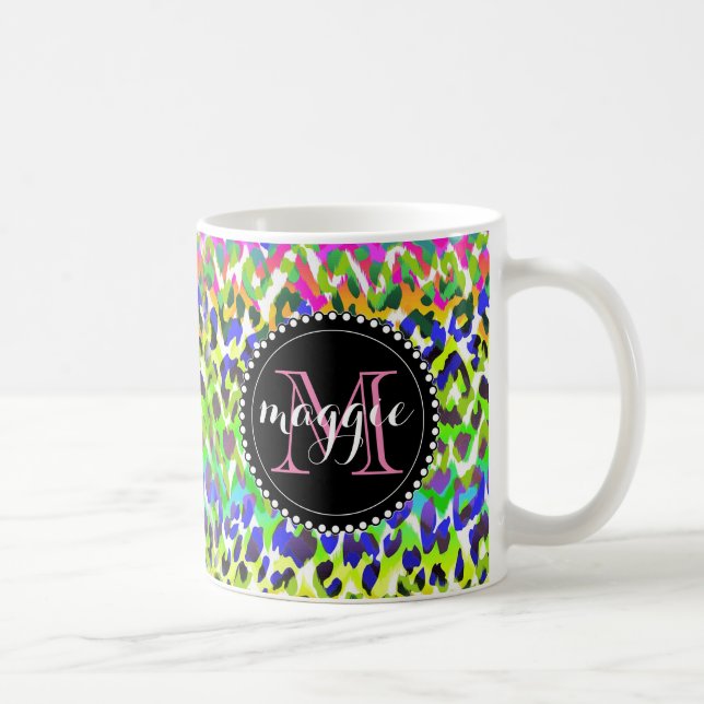 Regenbogen-Leopard-Druck-Monogrammmuster Kaffeetasse (Rechts)