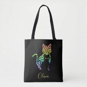 Regenbogen-Leoparden-Druck Katzen-Silhouette & sch Tasche