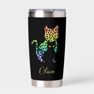 Regenbogen-Leoparden-Druck Katzen-Silhouette & sch Thermobecher