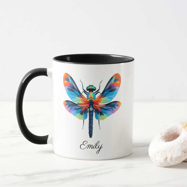 Regenbogen Libelle Personalisierter Name  Tasse (Mit Donut)