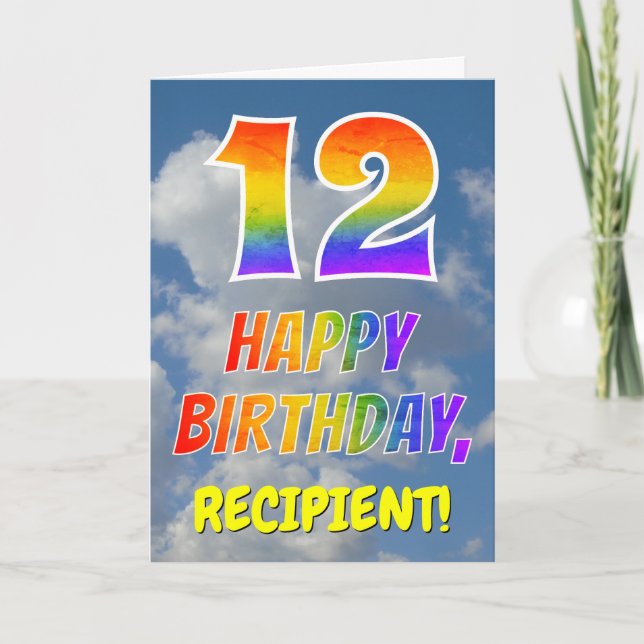Regenbogen-Look "12" & "HAPPY BIRTHDAY", Wolken, H Karte (Vorderseite)