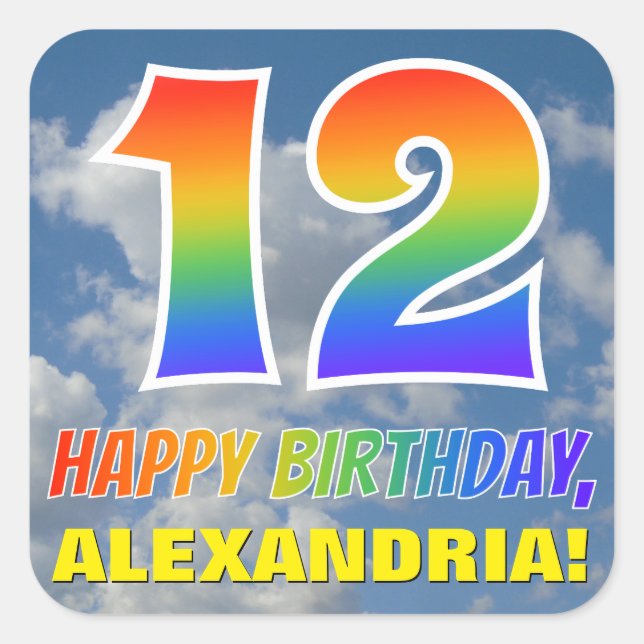 Regenbogen-Look "12" & "HAPPY BIRTHDAY", Wolken, H Quadratischer Aufkleber (Vorderseite)