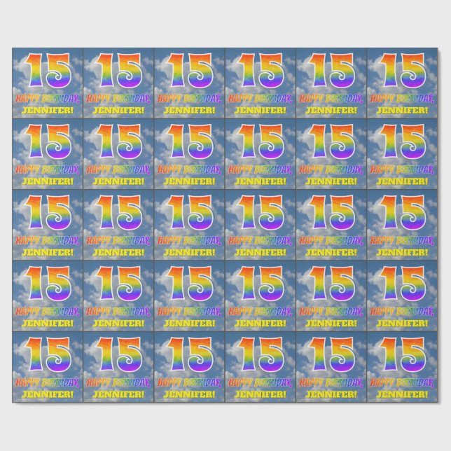 Regenbogen-Look "15" & "HAPPY BIRTHDAY", Wolken, H Geschenkpapier (Flach)
