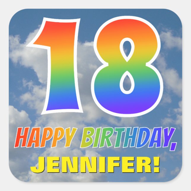 Regenbogen-Look "18" & "GLÜCKLICHER GEBURTSTAG", W Quadratischer Aufkleber (Vorderseite)