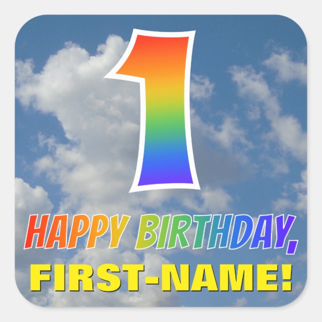 Regenbogen-Look "1" & "HAPPY BIRTHDAY", Wolken, Hi Quadratischer Aufkleber (Vorderseite)