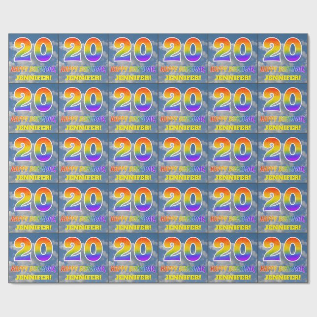 Regenbogen-Look "20" & "HAPPY BIRTHDAY", Wolken, H Geschenkpapier (Flach)