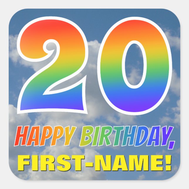 Regenbogen-Look "20" & "HAPPY BIRTHDAY", Wolken, H Quadratischer Aufkleber (Vorderseite)