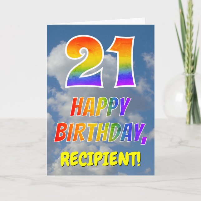 Regenbogen-Look "21" & "HAPPY BIRTHDAY", Wolken, H Karte (Vorderseite)