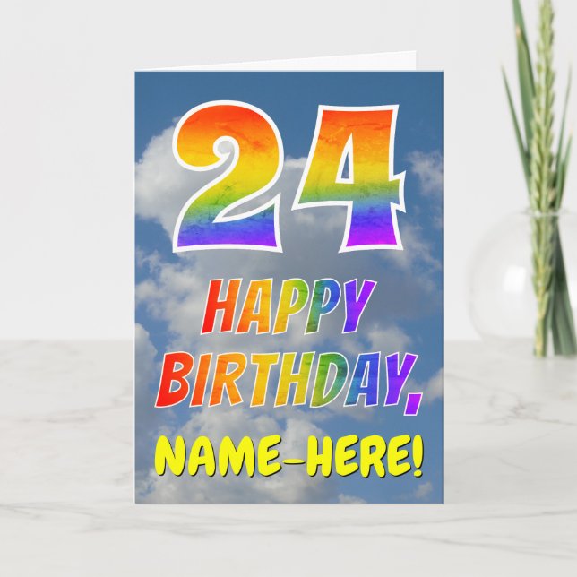 Regenbogen-Look "24" & "HAPPY BIRTHDAY", Wolken, H Karte (Vorderseite)