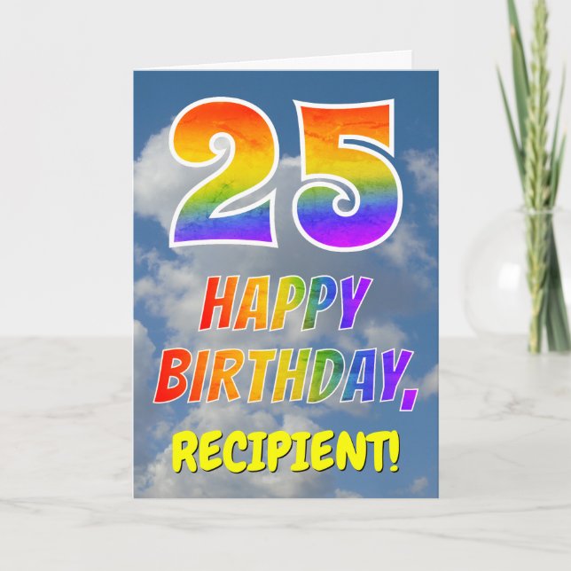 Regenbogen-Look "25" & "HAPPY BIRTHDAY", Wolken, H Karte (Vorderseite)