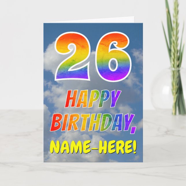 Regenbogen-Look "26" & "HAPPY BIRTHDAY", Wolken, H Karte (Vorderseite)