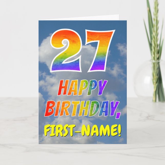 Regenbogen-Look "27" & "HAPPY BIRTHDAY", Wolken, H Karte (Vorderseite)