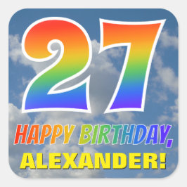 Regenbogen-Look "27" & "HAPPY BIRTHDAY", Wolken, H Quadratischer Aufkleber