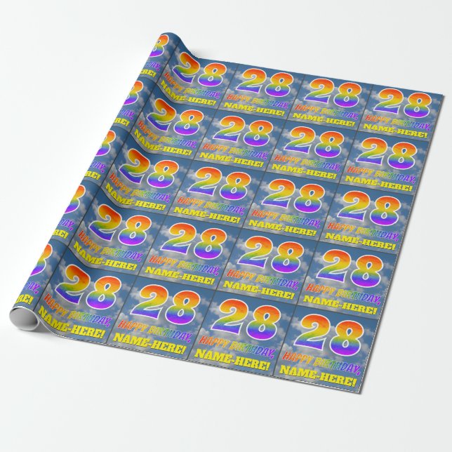 Regenbogen-Look "28" & "HAPPY BIRTHDAY", Wolken, H Geschenkpapier (Ungerollt)