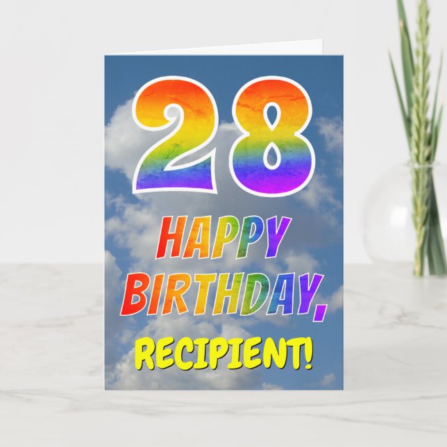 Regenbogen-Look "28" & "HAPPY BIRTHDAY", Wolken, H Karte (Vorderseite)