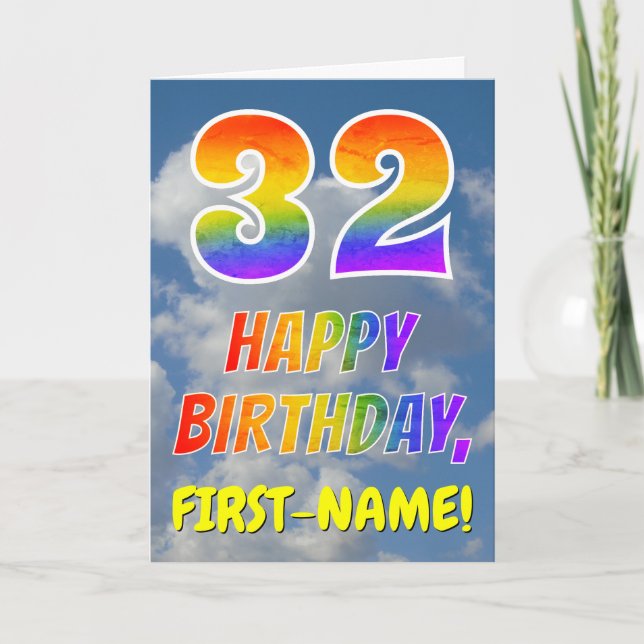 Regenbogen-Look "32" & "HAPPY BIRTHDAY", Wolken, H Karte (Vorderseite)