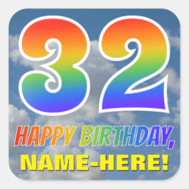 Regenbogen-Look "32" & "HAPPY BIRTHDAY", Wolken, H Quadratischer Aufkleber