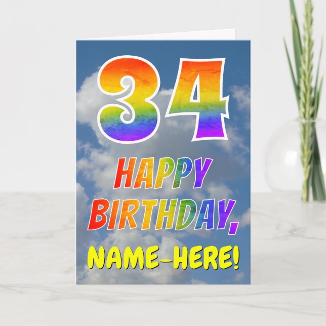 Regenbogen-Look "34" & "GLÜCKLICHER GEBURTSTAG", W Karte (Vorderseite)