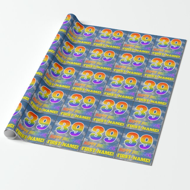 Regenbogen-Look "39" & "HAPPY BIRTHDAY", Wolken, H Geschenkpapier (Ungerollt)